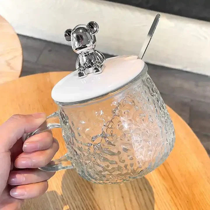 Cute Glass Mug With Spoon And Cartoon Bear Silicone Lid Cosmia.pk