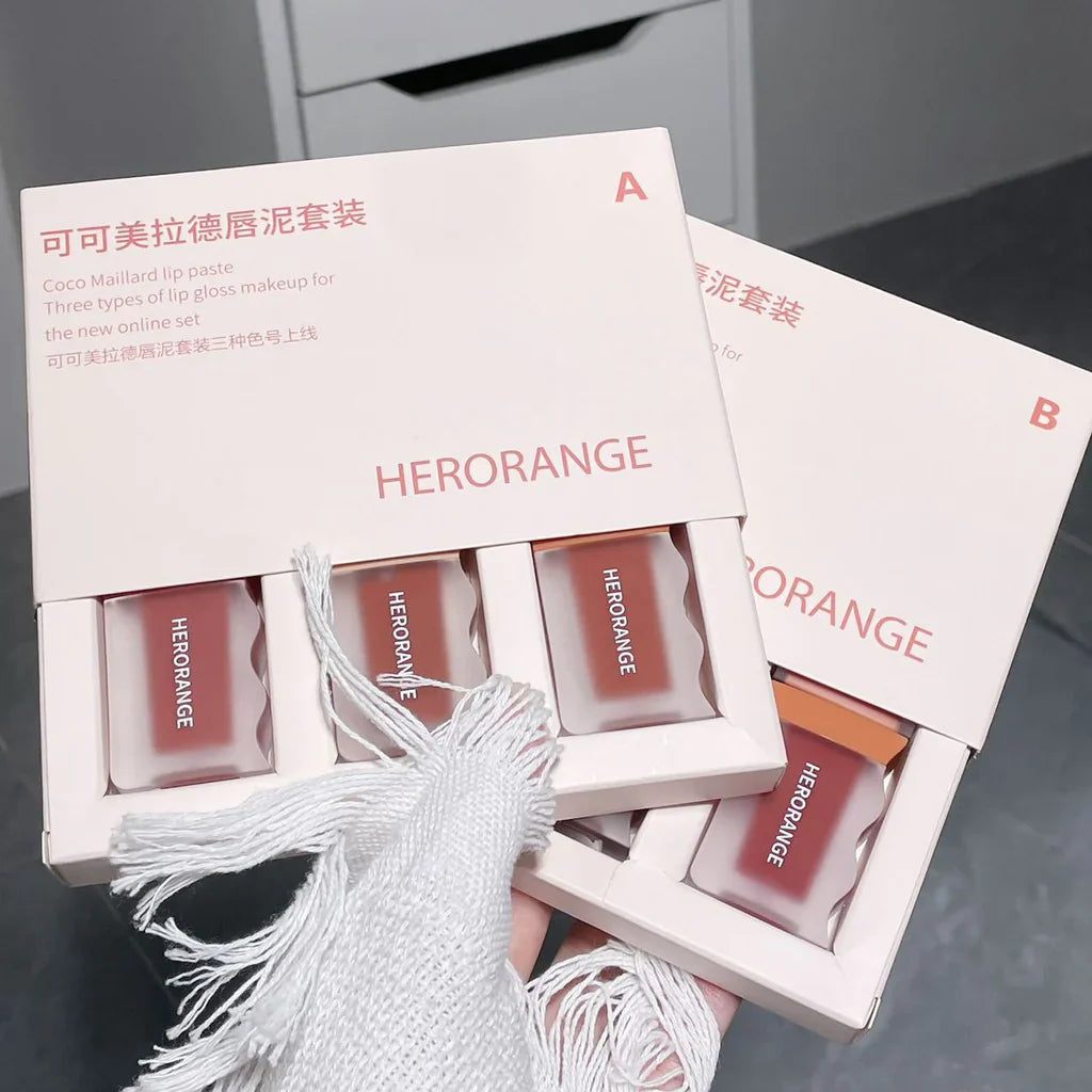 HERORANGE 3pcs New Cocoa Maillard Matte Lip Gloss Set HERORANGE