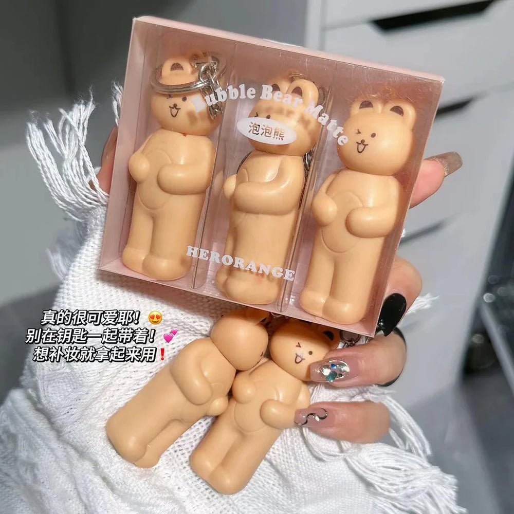 HERORANGE 3 Pcs Keychain Style Long Lasting Cute Bear Matte Lip Gloss HERORANGE