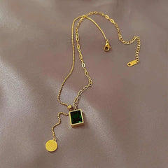 Green Crystal Wafer Square Pendant Necklace – Elegant Sparkle with Modern Charm Cosmia