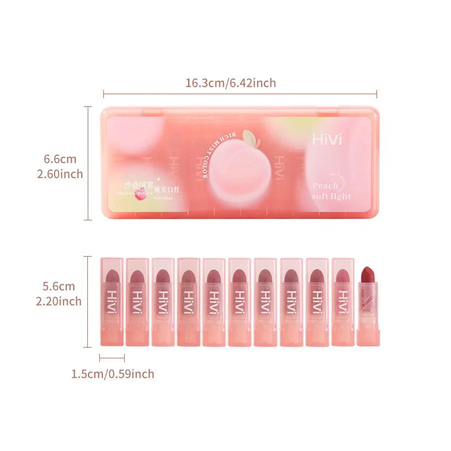HiVi 10 Pcs Peach Soft Light Matte Lipstick Set Hivi