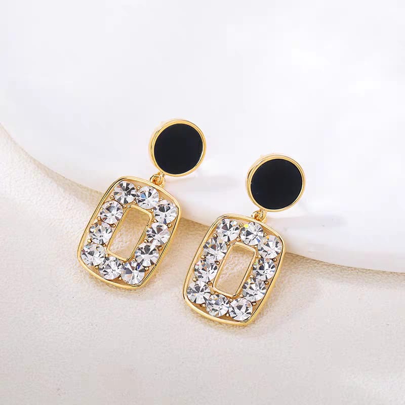 Korean Style 925 Crystal Drop Earrings - Elegant Black & Gold Cosmia.pk