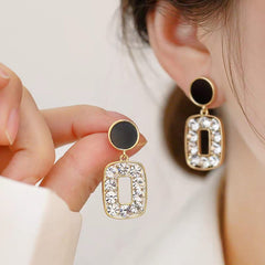 Korean Style 925 Crystal Drop Earrings - Elegant Black & Gold Cosmia.pk