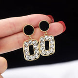 Korean Style 925 Crystal Drop Earrings - Elegant Black & Gold