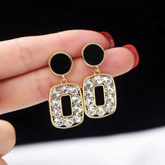 Korean Style 925 Crystal Drop Earrings - Elegant Black & Gold Cosmia.pk