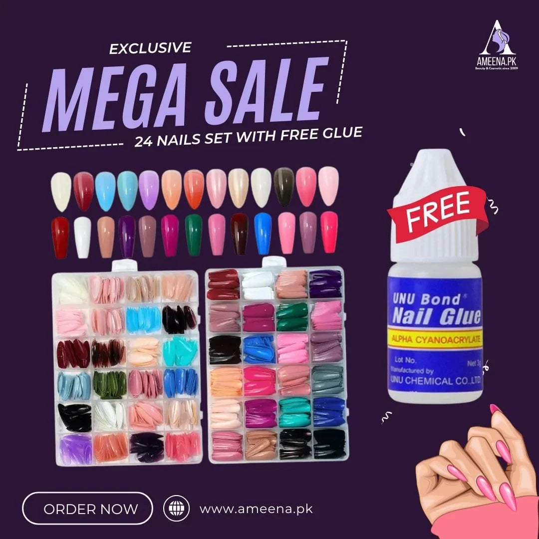 Artificial Nails 576Pcs - 24 Sets with Complimentary Glue Cosmia.pk