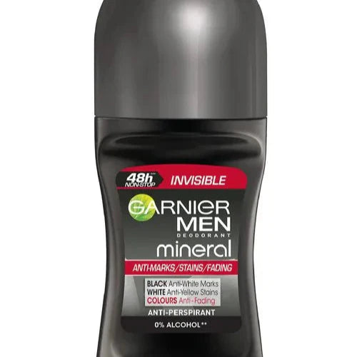 Garnier Mineral Mens Roll On Invisible Black, White and Colours - 50ml Garnier