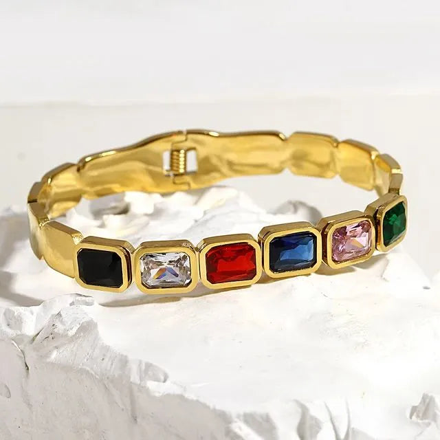 Multi Colored Rectangular Gemstone Accents Gold Tone Bangle Bracelet Cosmia