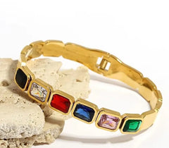 Multi Colored Rectangular Gemstone Accents Gold Tone Bangle Bracelet Cosmia