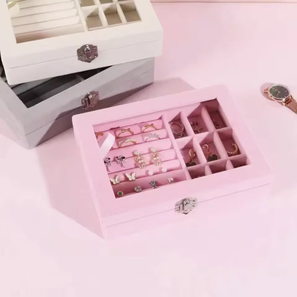 Velvet Glass Ring Earring Jewelry Display Organizer Box Cosmia