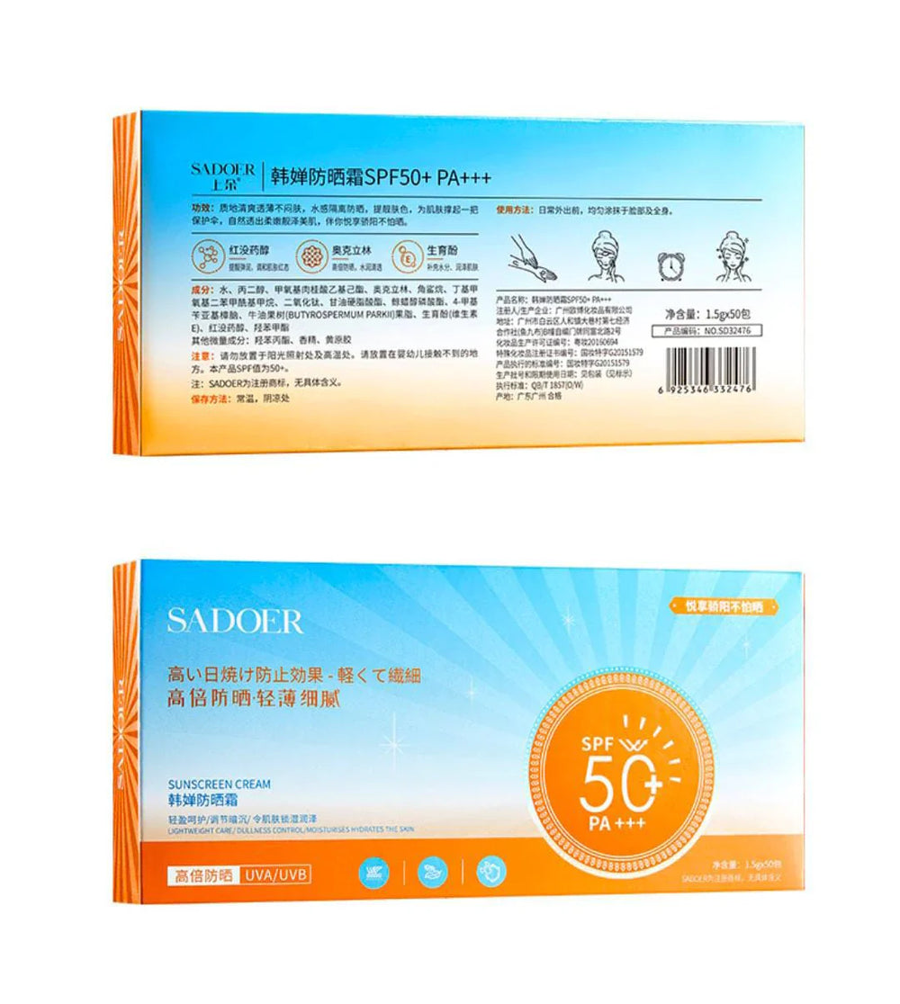 Sadoer SPF50 Sunscreen Cream Pack Of 50 Sachet In Box Sadoer