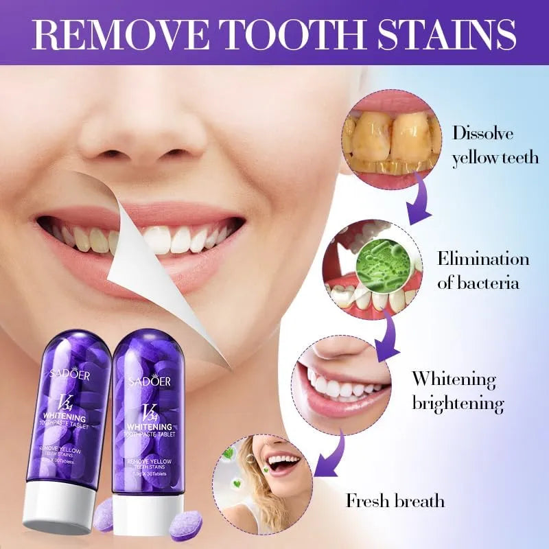 Sadoer V34 Remove Yellow Teeth stains Whitening Toothpaste Tablet - 30 tablets Sadoer
