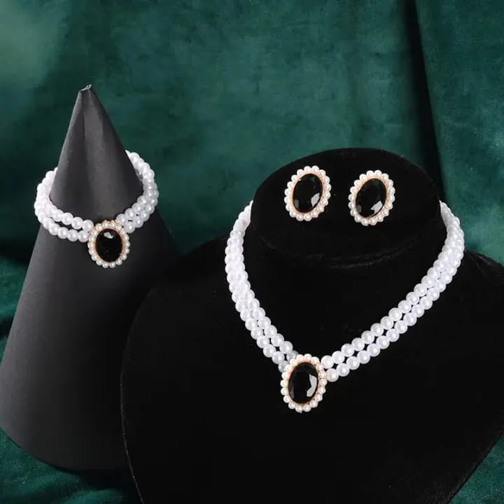 Stone Pearl Combo Jewelry Set – Necklace, Stud Earrings & Bracelet Cosmia