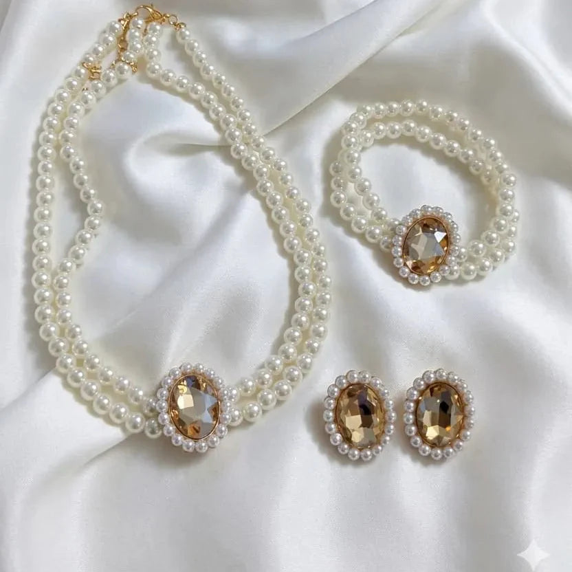 Stone Pearl Combo Jewelry Set – Necklace, Stud Earrings & Bracelet Cosmia