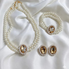 Stone Pearl Combo Jewelry Set – Necklace, Stud Earrings & Bracelet Cosmia
