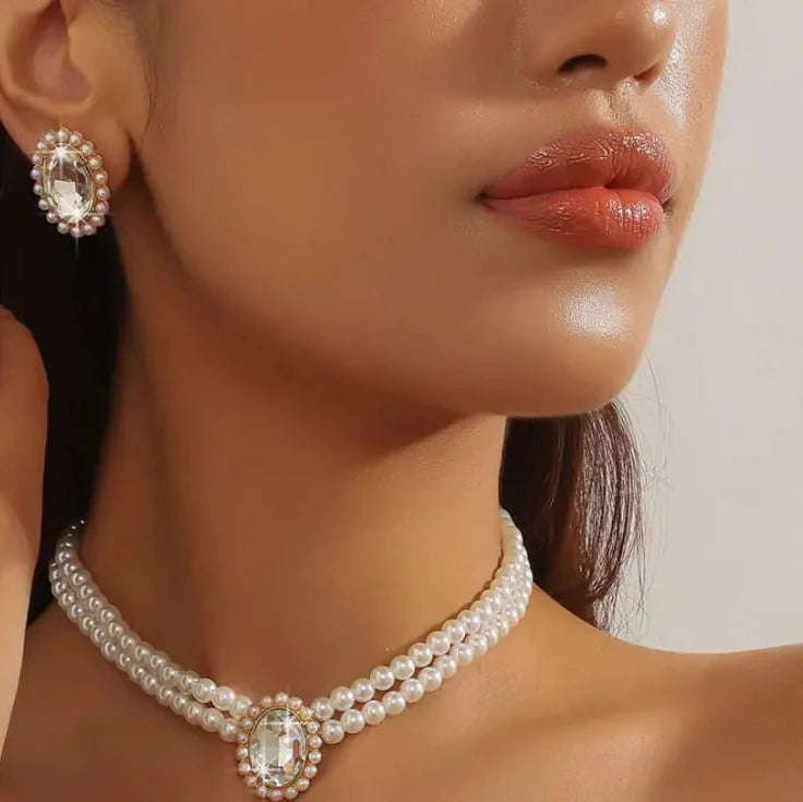 Pearl & Crystal Rhinestone Jewellery Set Cosmia.pk
