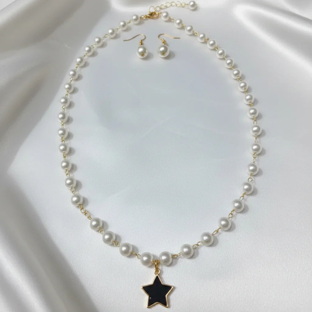 Elegant Star Pendant Pearl Necklace with Matching Earrings Set Cosmia.pk