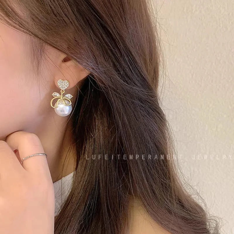 Heart Rhinestone Faux Pearl Drop Earrings - Each Cosmia