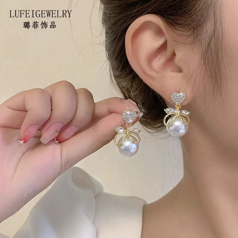 Heart Rhinestone Faux Pearl Drop Earrings - Each Cosmia