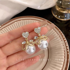 Heart Rhinestone Faux Pearl Drop Earrings - Each Cosmia