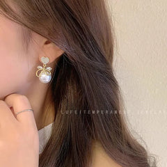 Heart Rhinestone Faux Pearl Drop Earrings - Each Cosmia