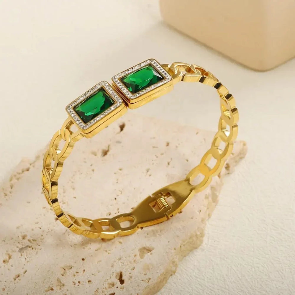 Big Green Square Crystal Zircon Bracelet – Bold Elegance with Luxurious Sparkle Cosmia