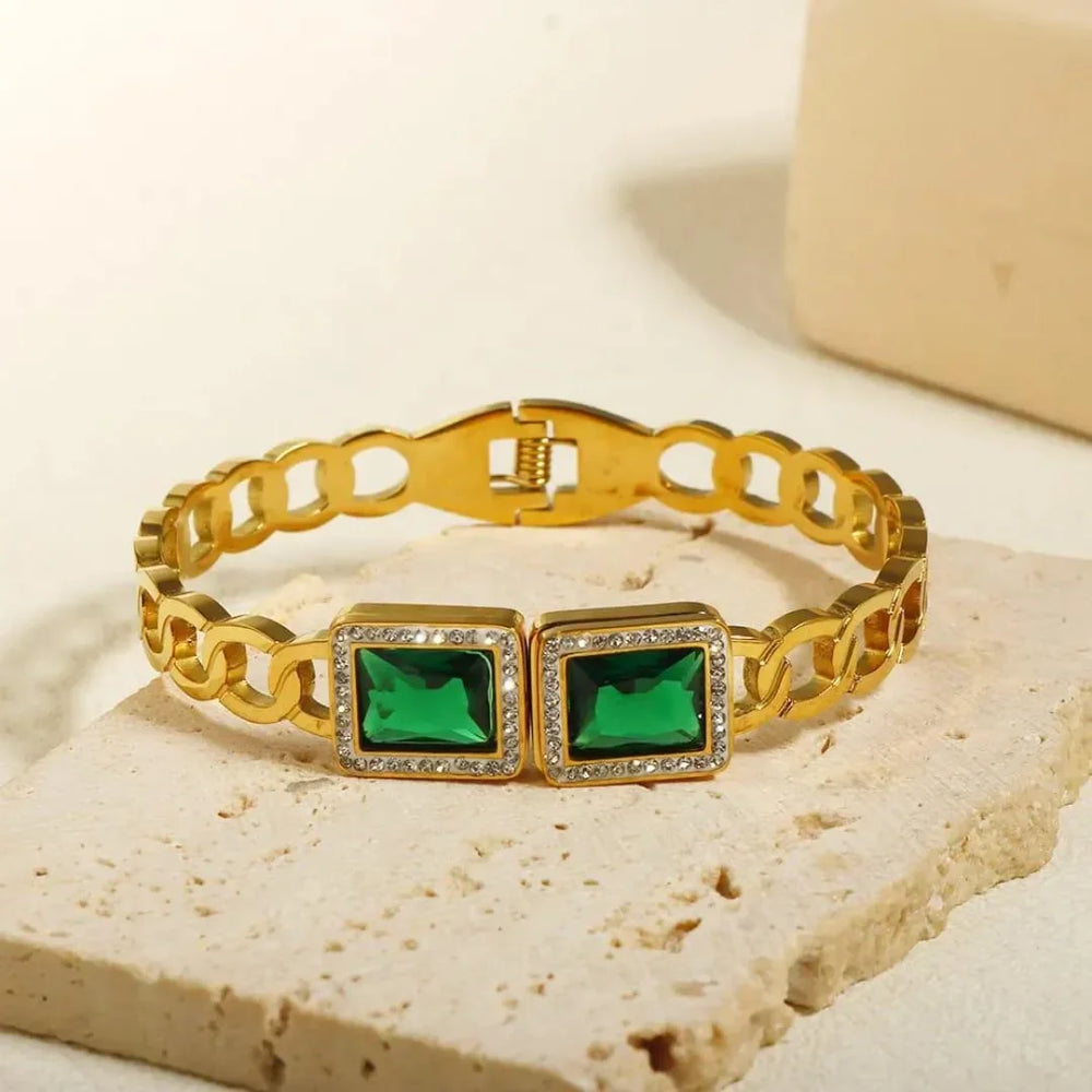 Big Green Square Crystal Zircon Bracelet – Bold Elegance with Luxurious Sparkle Cosmia