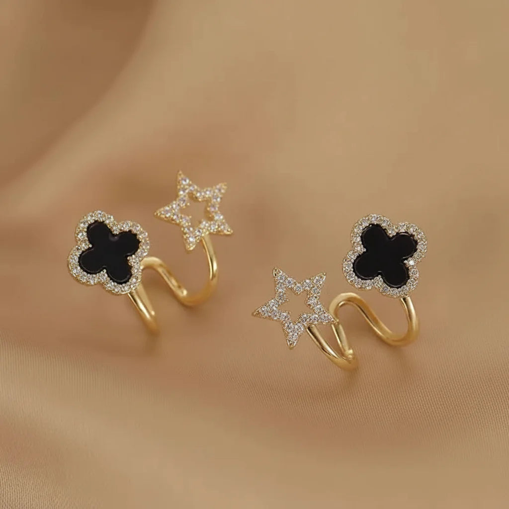 Luxury Black Clover & Star Crystal Earrings - Each Cosmia.pk
