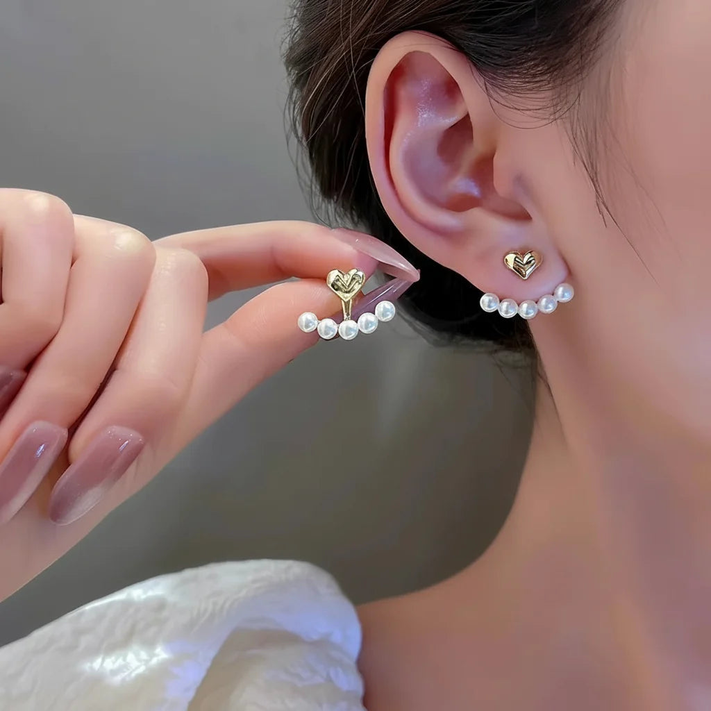 Gold Heart Pearl Jacket Earrings - Each Cosmia.pk