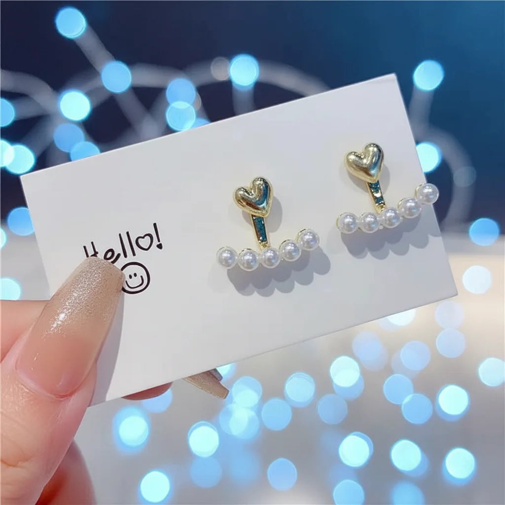Gold Heart Pearl Jacket Earrings - Each Cosmia.pk
