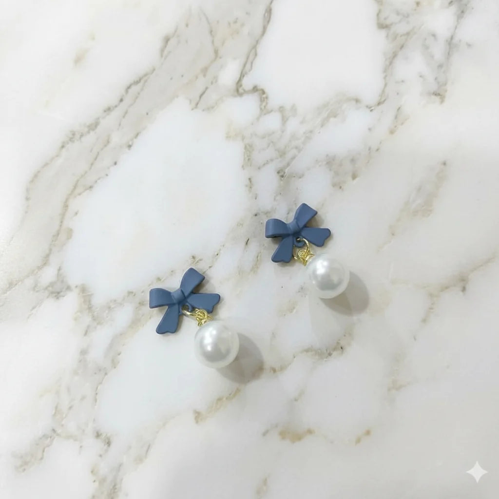 Navy Bow Pearl Drop Earrings - Each Cosmia.pk