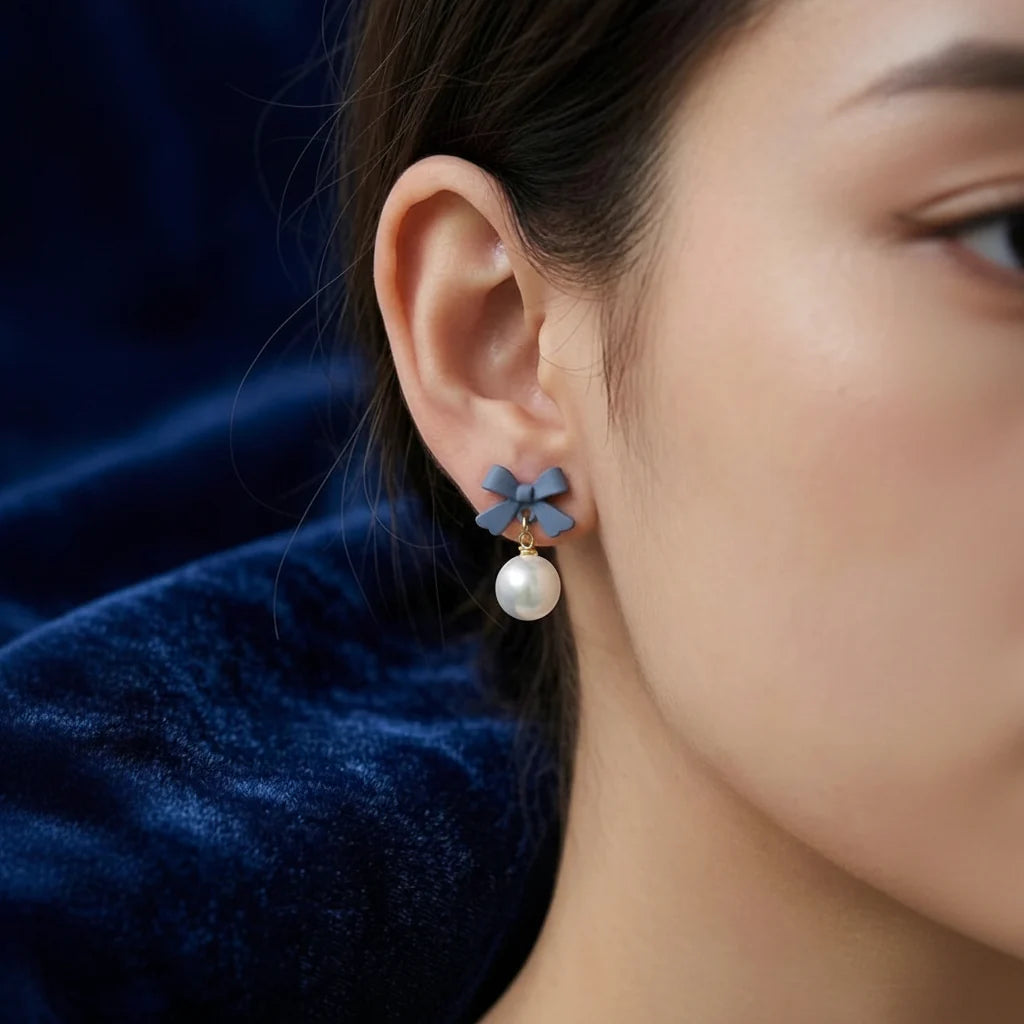 Navy Bow Pearl Drop Earrings - Each Cosmia.pk