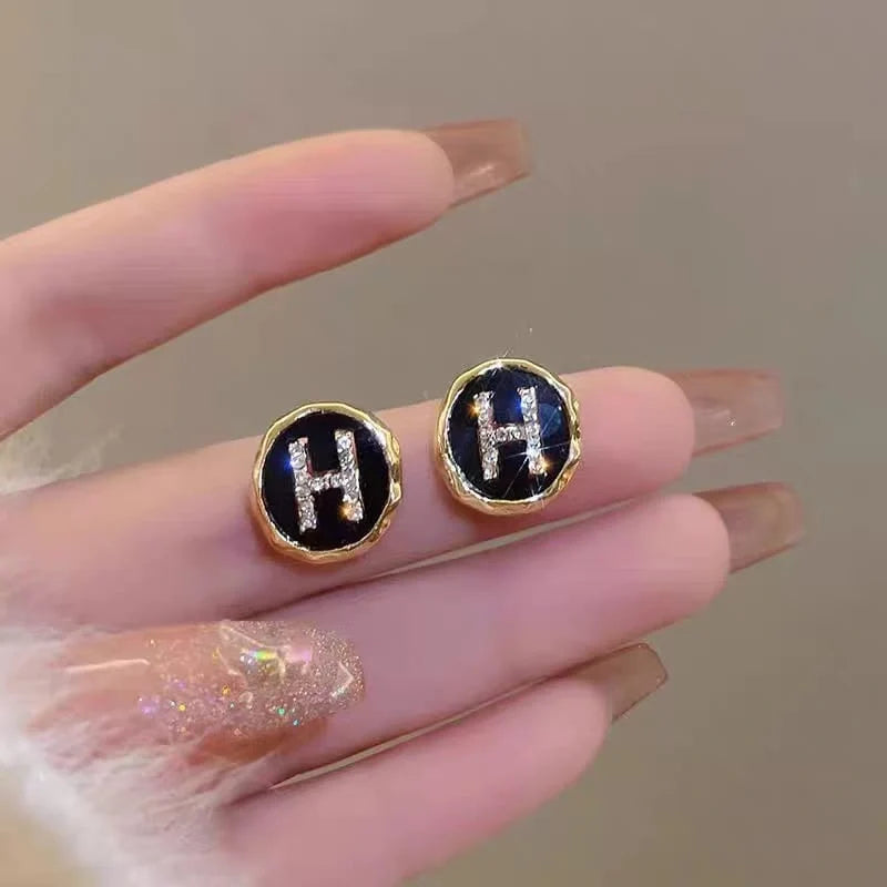 Korean Letter H Rhinestone Stud Earrings - Each Cosmia.pk