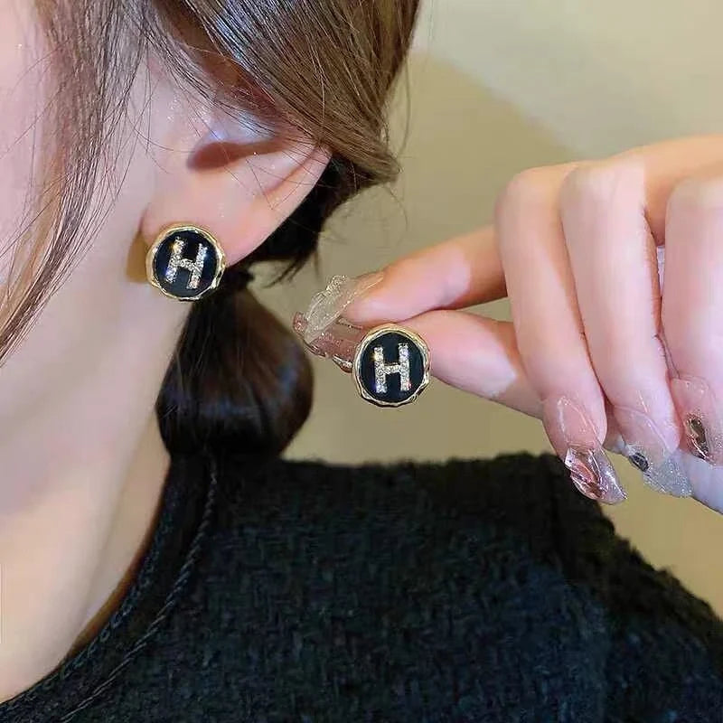 Korean Letter H Rhinestone Stud Earrings - Each Cosmia.pk