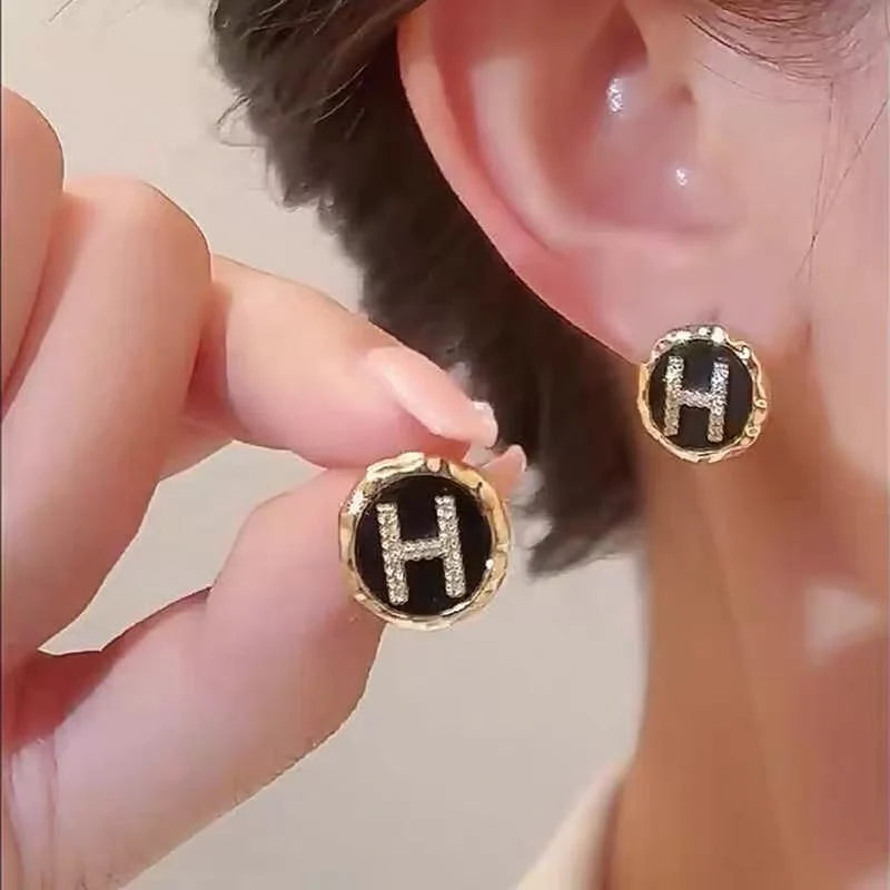 Korean Letter H Rhinestone Stud Earrings - Each Cosmia.pk