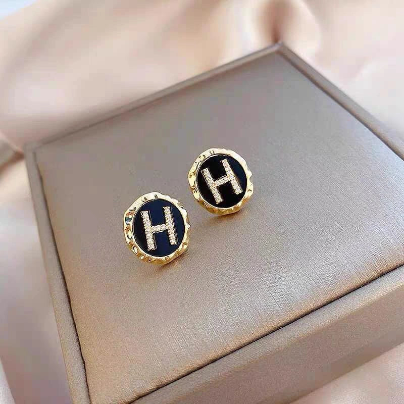Korean Letter H Rhinestone Stud Earrings - Each Cosmia.pk