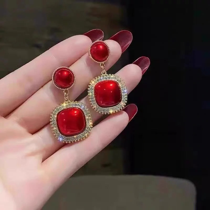 Red Geometric Rhinestone Statement Earrings - Each Cosmia.pk