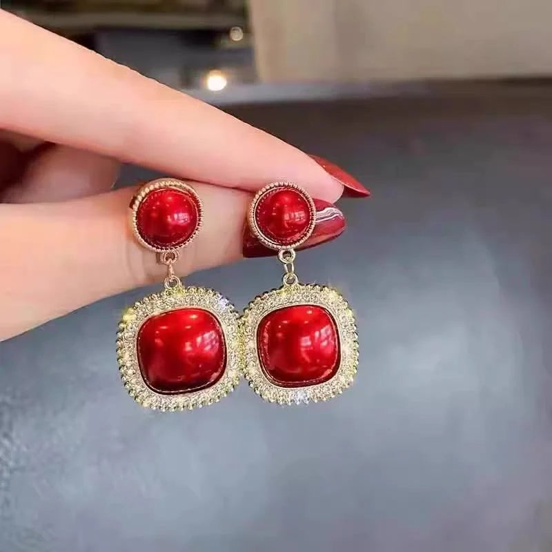 Red Geometric Rhinestone Statement Earrings - Each Cosmia.pk