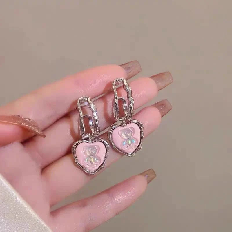 Pink Bear Heart Silver Needle Earrings - Each Cosmia.pk