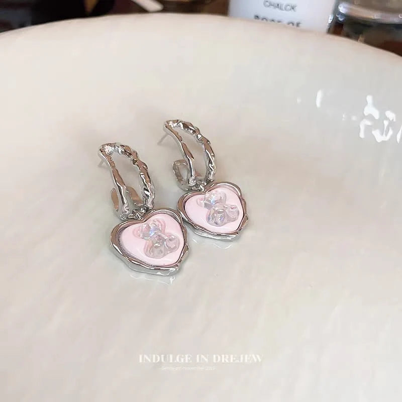 Pink Bear Heart Silver Needle Earrings - Each Cosmia.pk