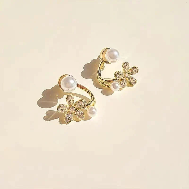 Gold Floral Pearl Crystal Stud Earrings - Each Cosmia.pk