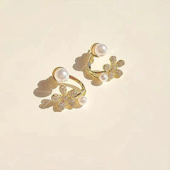Gold Floral Pearl Crystal Stud Earrings - Each Cosmia.pk