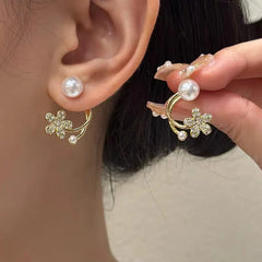 Gold Floral Pearl Crystal Stud Earrings - Each Cosmia.pk