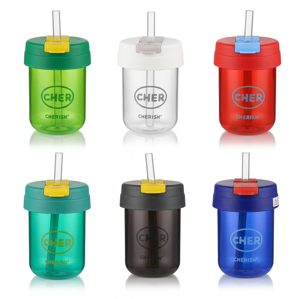 CHERISH Series Mini Plastic Water Cups with Straws - 300ml Cosmia.pk