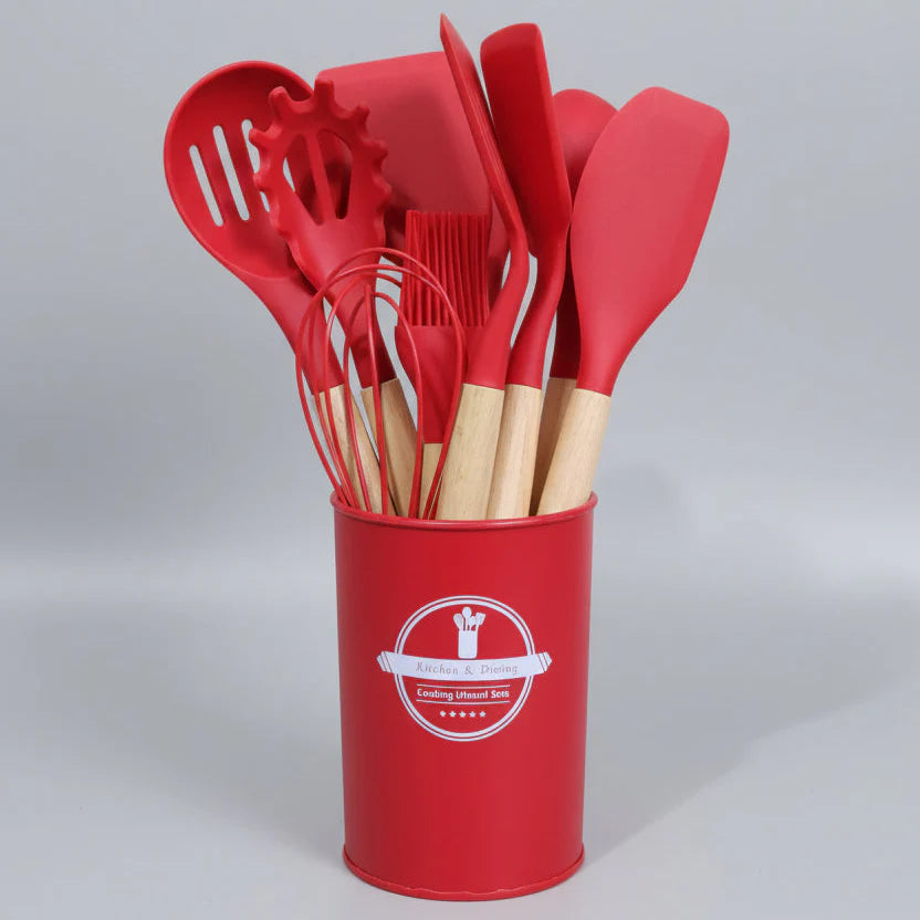 Silicone Kitchenware with Wooden Handle – 12 Pcs Set Cosmia.pk