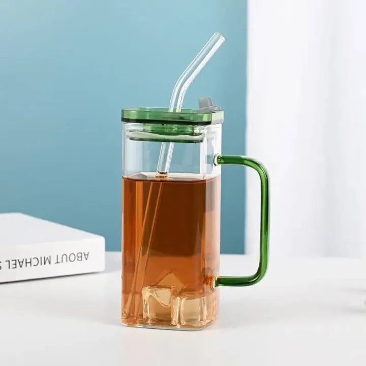 Square Glass Cups with Lids and Straws Cosmia.pk