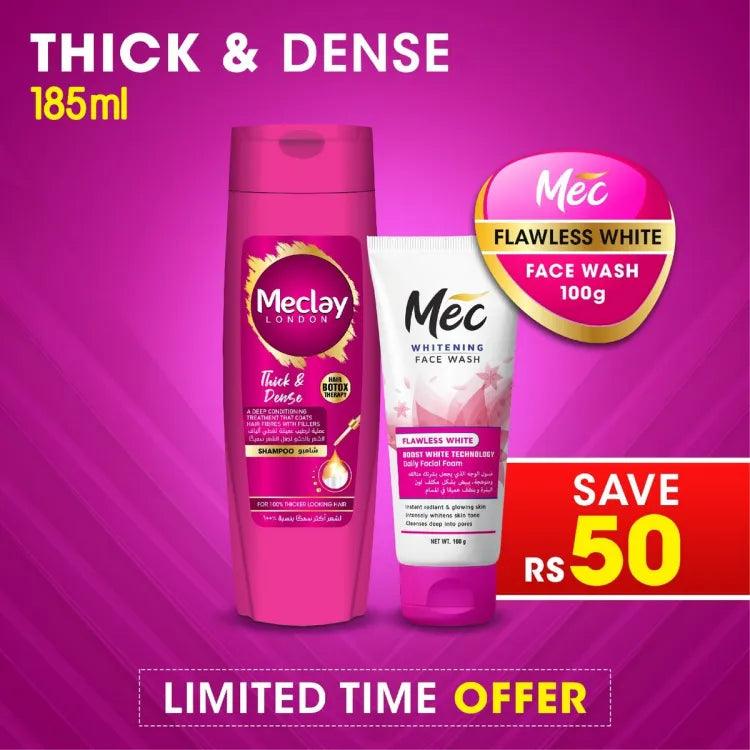 Mec Flawless White Face Wash - 100gm With Meclay London Shampoo Thick & Dense - 185ml (Save Rupees 50) Meclay London