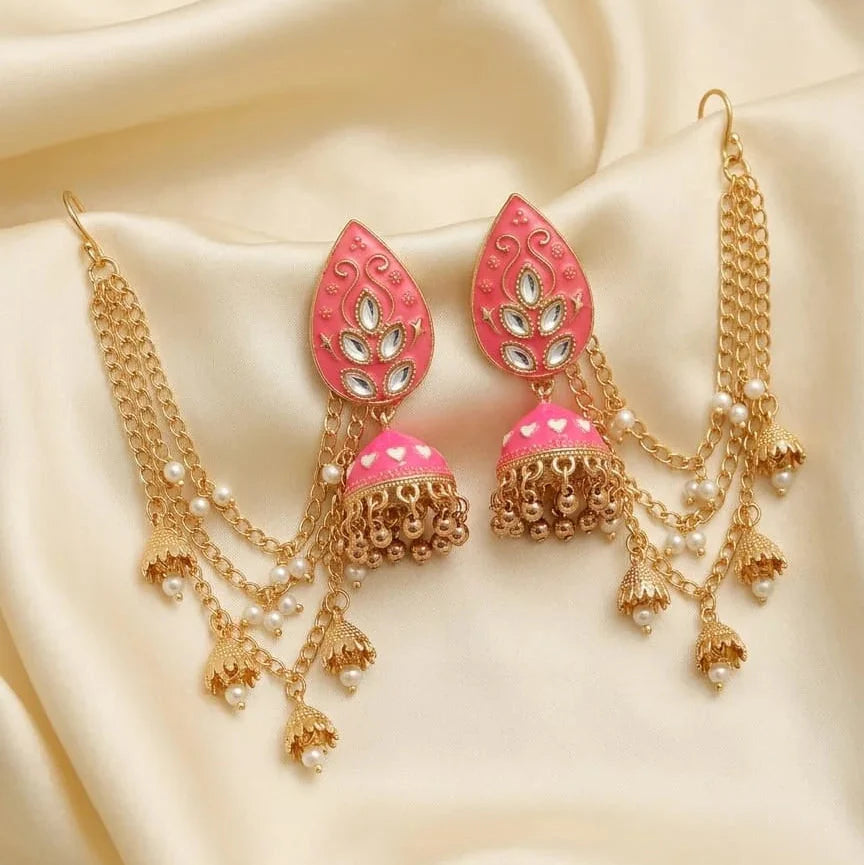 Jhumka earrings with Kundan stones and Sahary Cosmia.pk
