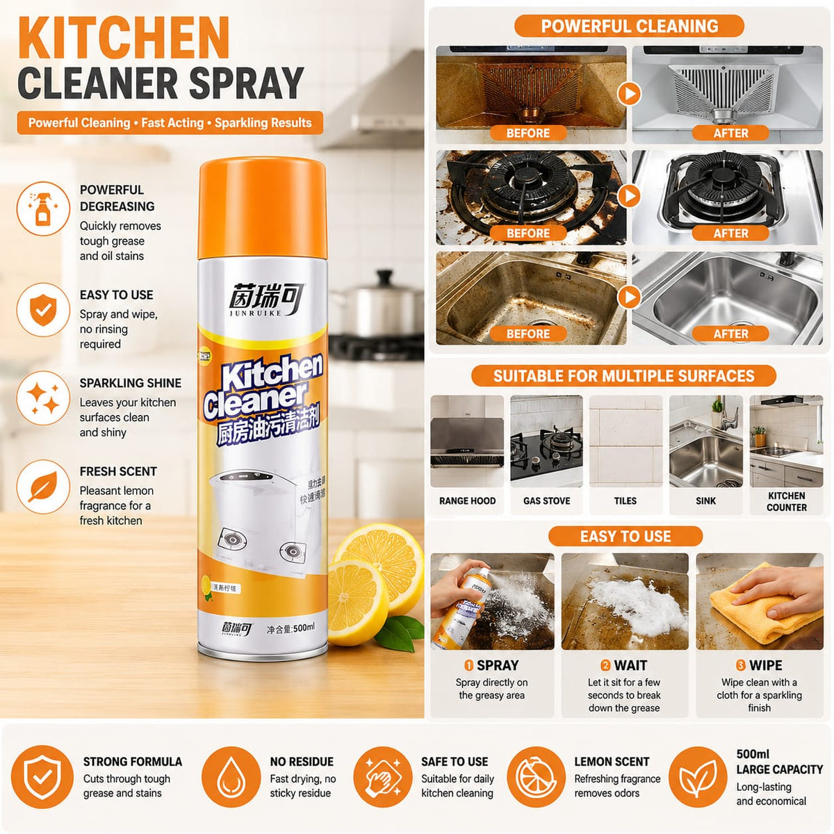 Multi-Purpose Foam Cleaner Kitchen Cleaner Spray - 500ml Cosmia.pk