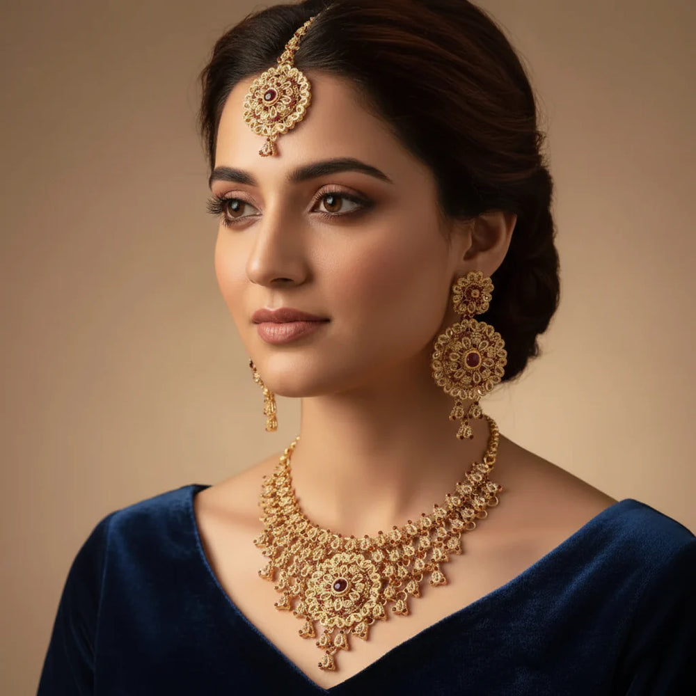 Rose Bridal Color Necklace Set with Earrings & Tikka Cosmia